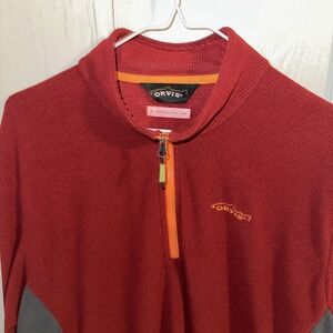 Orvis Trout Bum Quarter Zip Men's Large Fleece Pullover Top Red Orange Trim